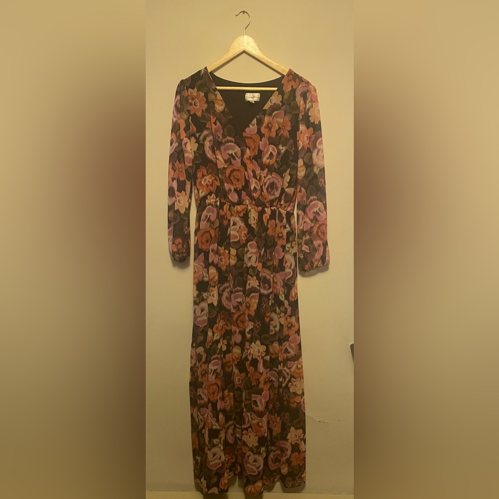Floral Long Sleeve Dress Maxi Dress with Slit